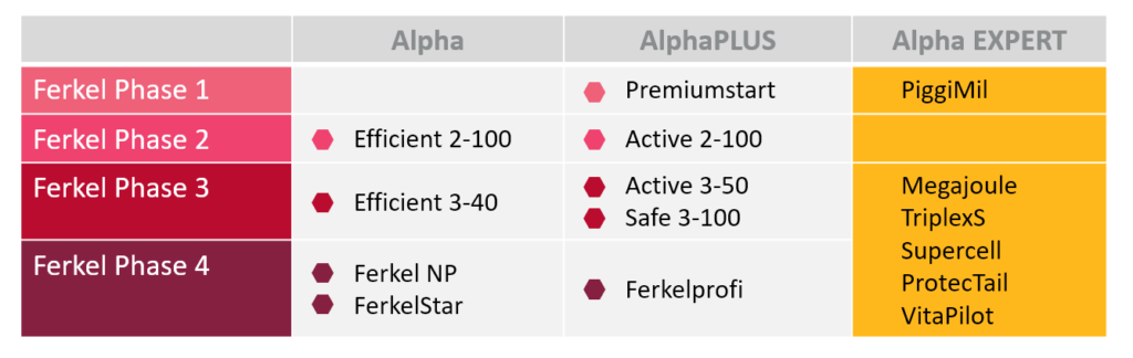 Eine Tabelle zeigt übersichtlich die verschiedenen Produktlinien und die jeweiligen Produkte